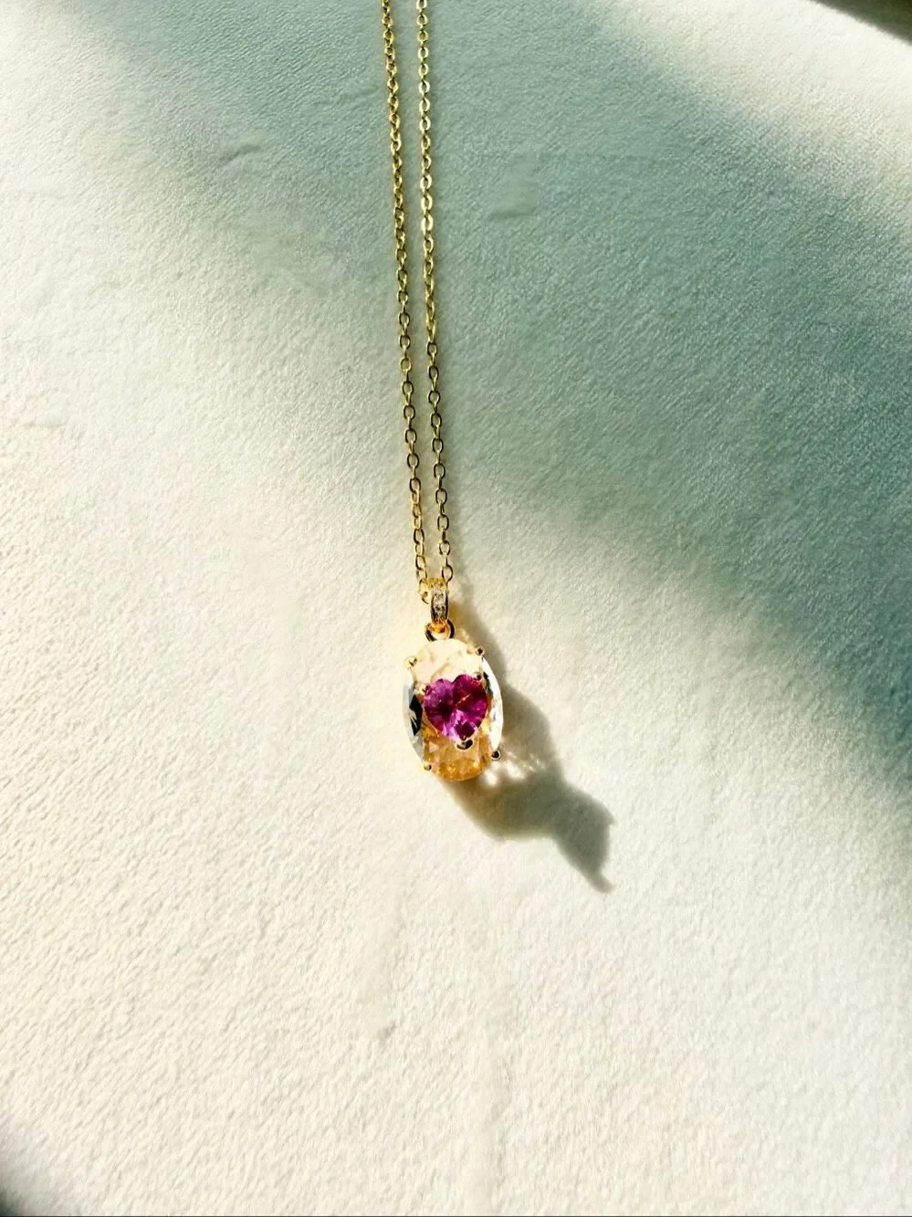 Hot Pink & Clear Cubic Zirconia Oval Pendant Necklace Gold Tone